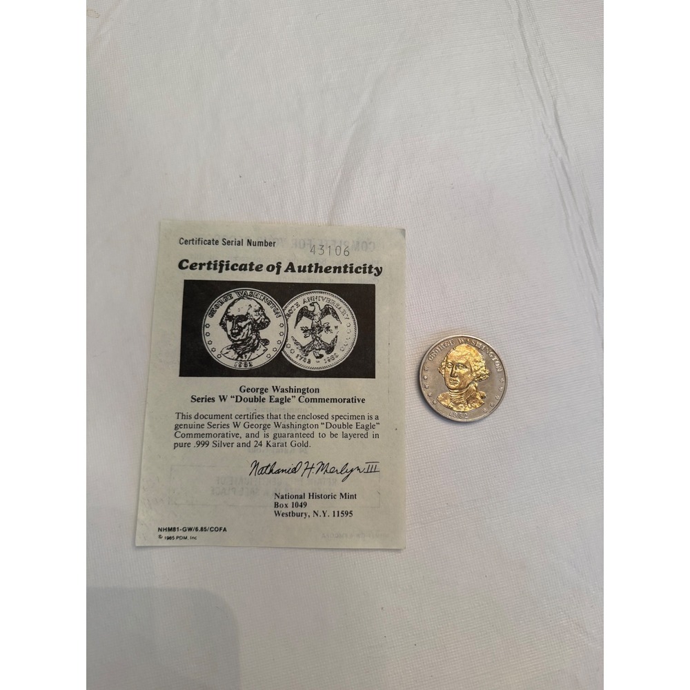 George Washington Double Eagle Commemorative Coin .999 Silver 24K Gold Layered